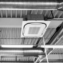 Indoor, ceiling-based ventilation ductwork.