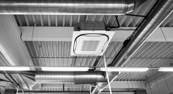 Indoor, ceiling-based ventilation ductwork.
