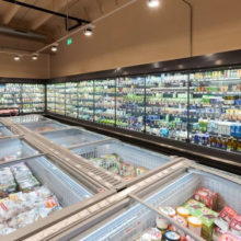 Frozen food displays at a grocery store.