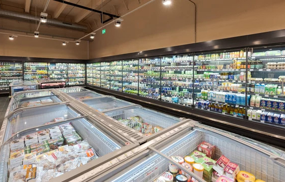 Frozen food displays at a grocery store.